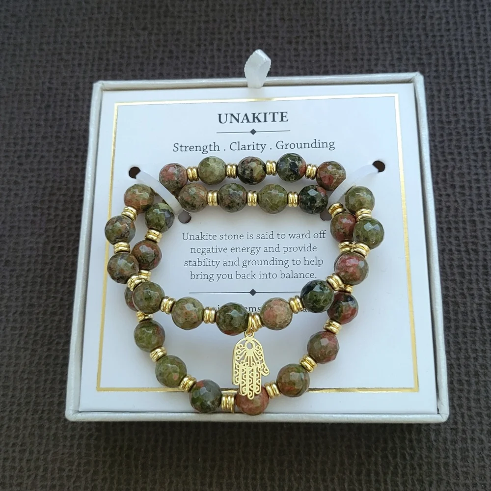 Shivam Unakite Stretch Bracelet Duo✌️ with Hamsa🤚Charm - NIB - Picture 12 of 15